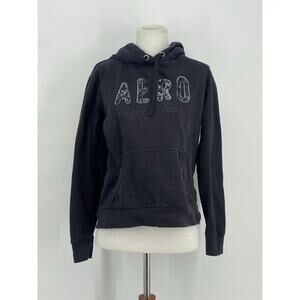 Aeropostale Black Hoodie Sequin Logo Kangaroo Pocket Size Medium‎ Y2K Skater